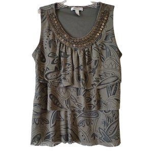 Dressbarn Tank Top Tiered Embellished Collar Olive Green Womens Medium